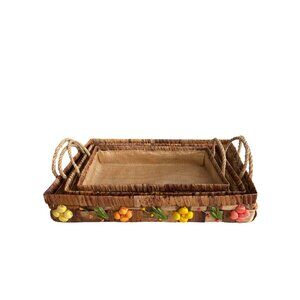 Vintage Woven Nesting Serving Tray Set Rope Handles Floral Boho Cottage Decor Se